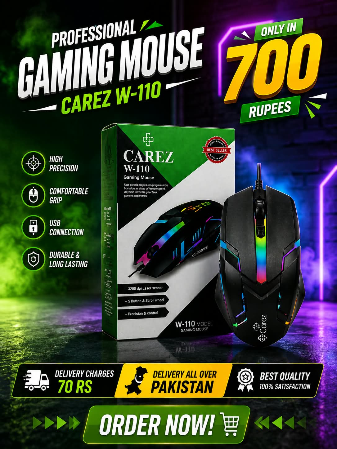 CAREZ WIRED RGB MOUSE PREMIUM QUALITY BLACK COLOUR RGB BEST MOUSE BEST MOUSE IN PAKISTAN USB WIRED CONNECTION BEST 2026 MOUSE IN PAKISTAN